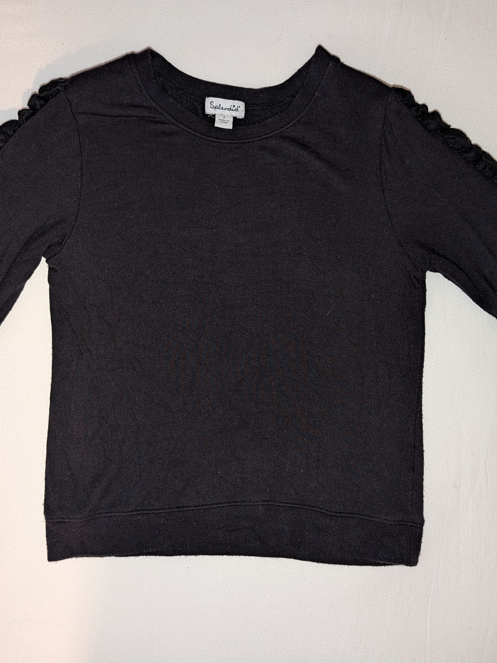 Splendid Black Ruffle-Shoulder Long Sleeve Sweater Top